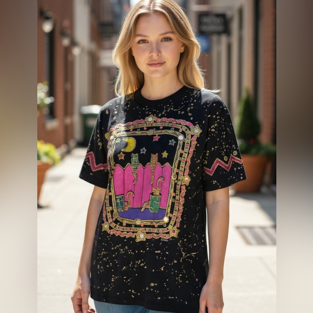 Vintage KWBL Black Graphic Hand Painted T-Shirt Cats Colorful Design Large L